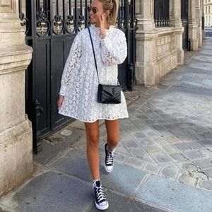 NWT Zara Limited Edition Textured Weave Embroidered Floral Dress White Lace Up